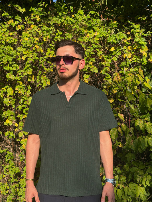 HILLS Koyu Yeşili Fitilli V Yaka Polo T-Shirt
