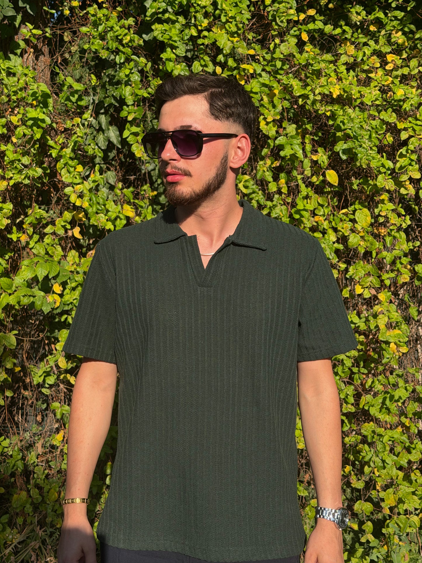 HILLS Koyu Yeşili Fitilli V Yaka Polo T-Shirt