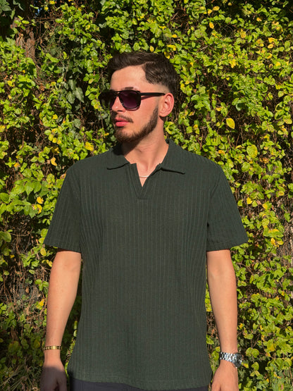 HILLS Koyu Yeşili Fitilli V Yaka Polo T-Shirt