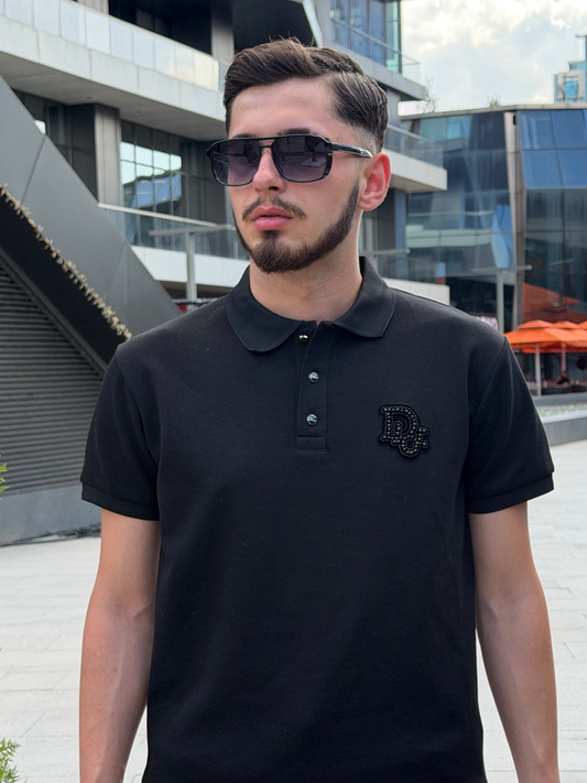HILLS Siyah Göğüs Nakışlı Pamuklu Polo Yaka Tişört - Regular Fit
