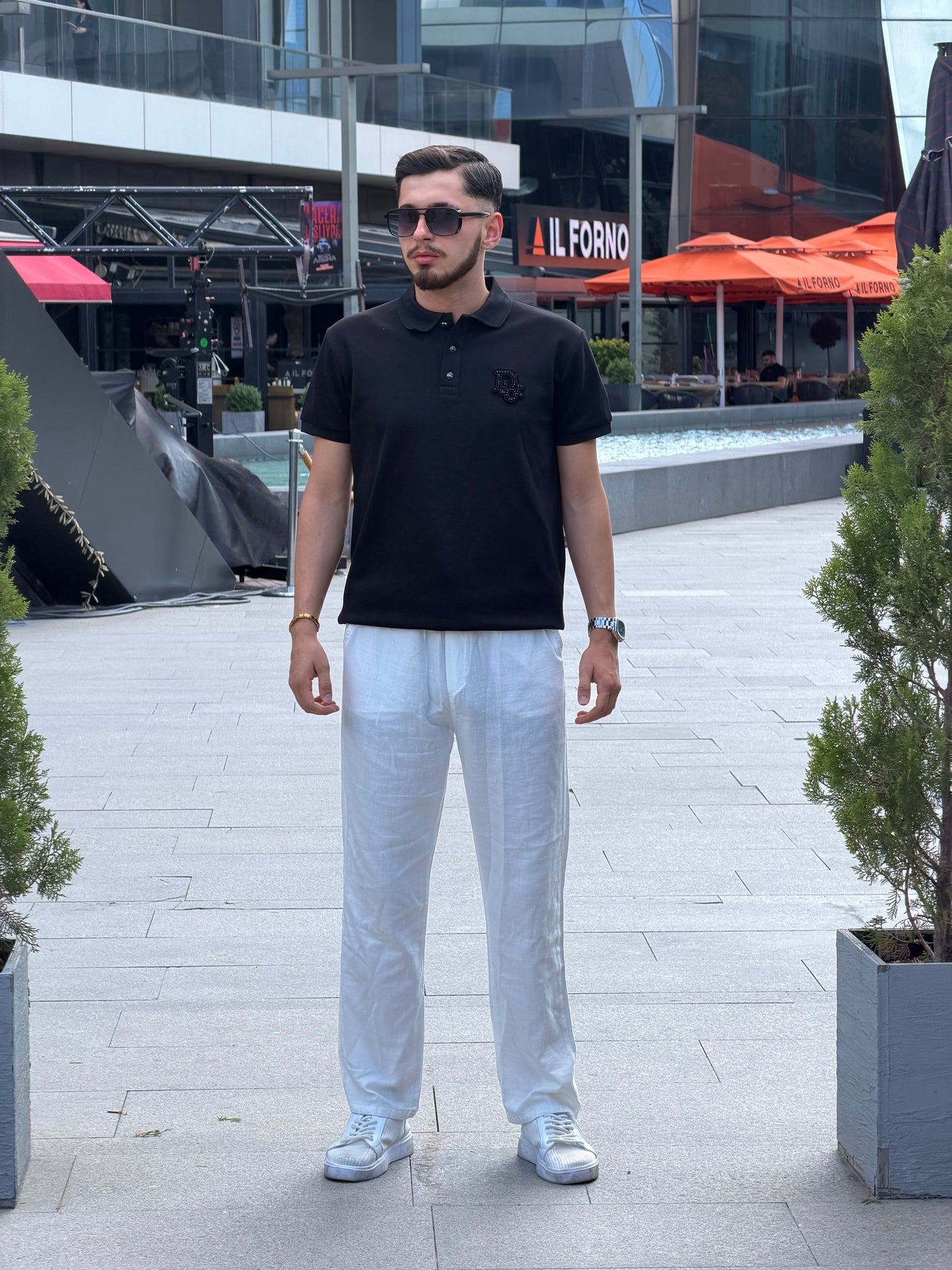 HILLS Siyah Göğüs Nakışlı Pamuklu Polo Yaka Tişört - Regular Fit