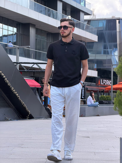 HILLS Siyah Göğüs Nakışlı Pamuklu Polo Yaka Tişört - Regular Fit