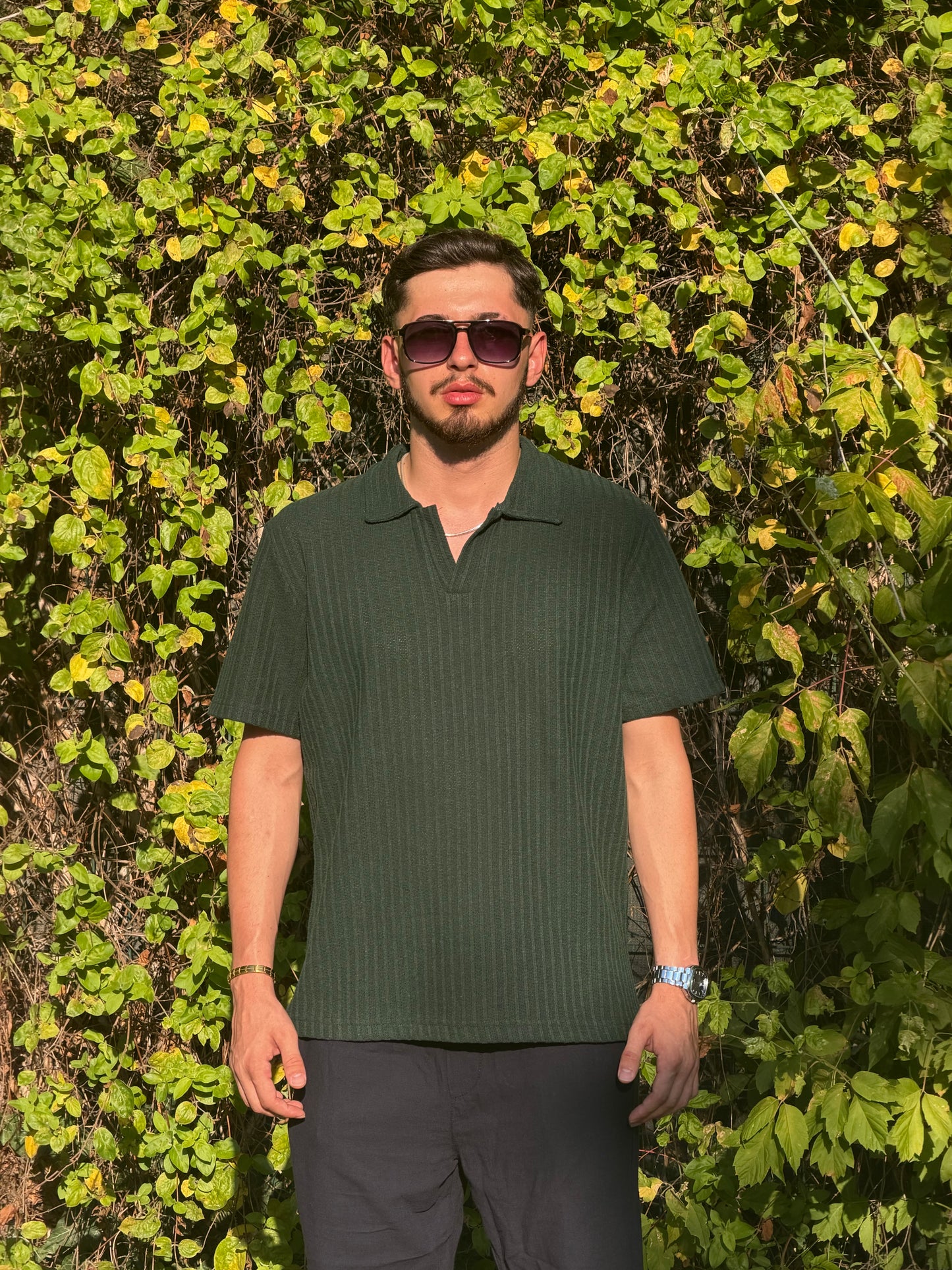 HILLS Koyu Yeşili Fitilli V Yaka Polo T-Shirt