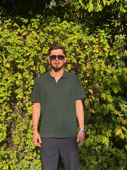 HILLS Koyu Yeşili Fitilli V Yaka Polo T-Shirt