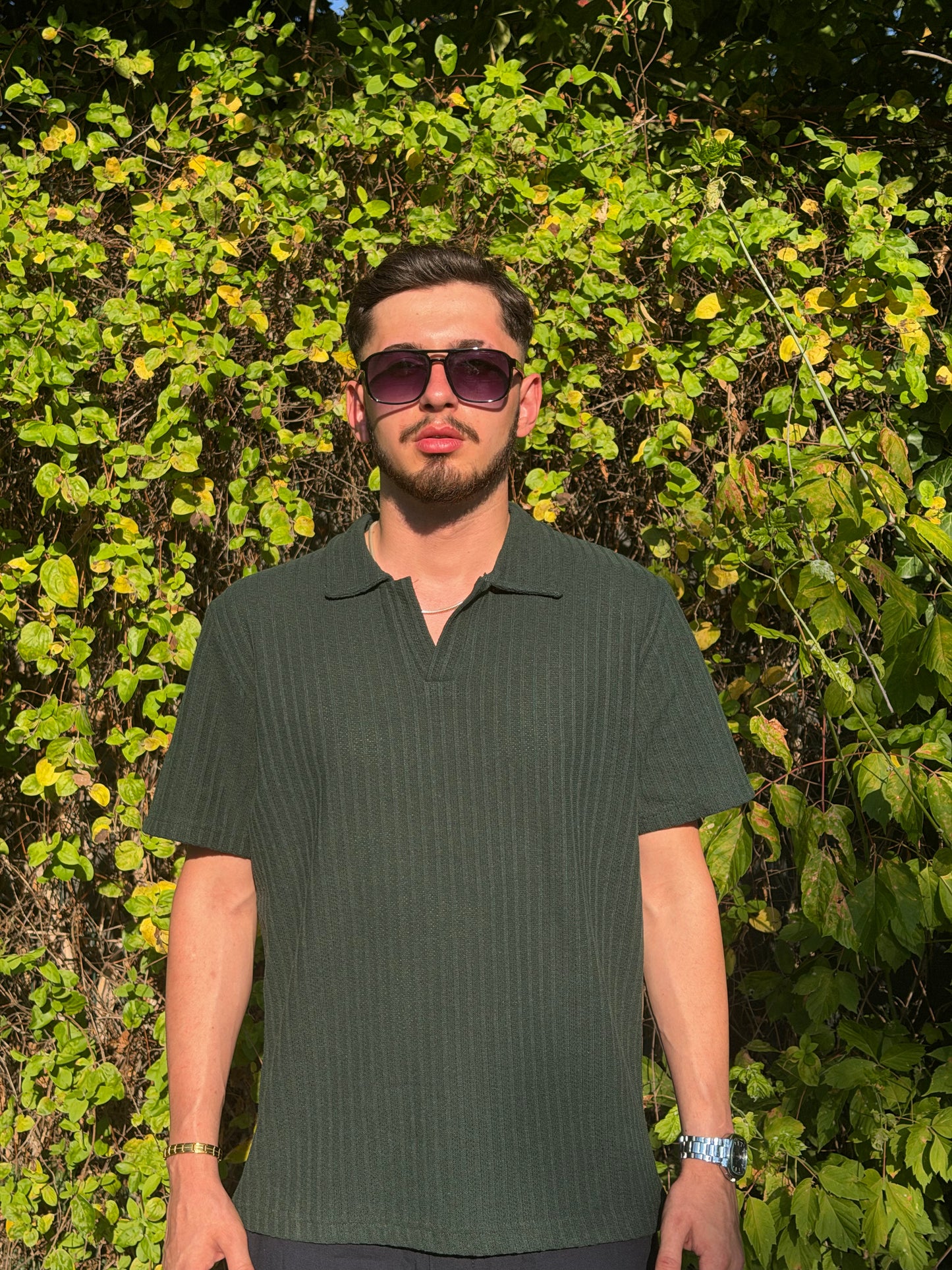 HILLS Koyu Yeşili Fitilli V Yaka Polo T-Shirt