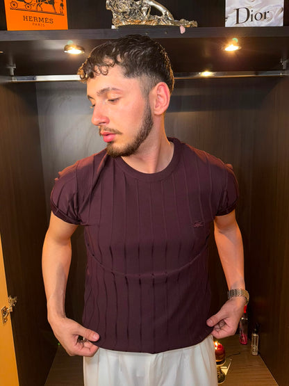 Lacoste Slim Fit Dikey Desenli  Erkek Triko Tişört
