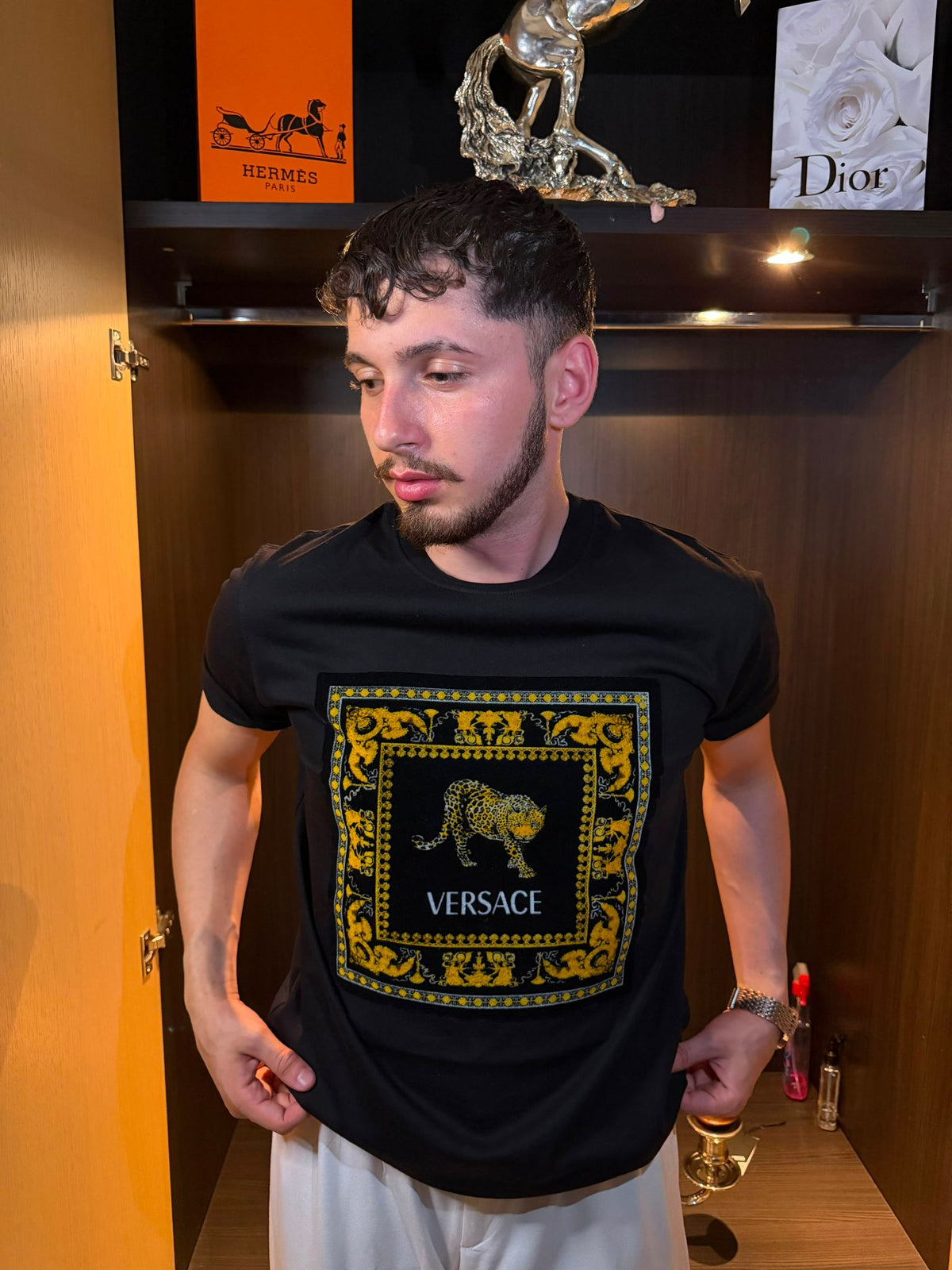 Versace Barocco Leopar Baskılı Siyah Erkek Tişört