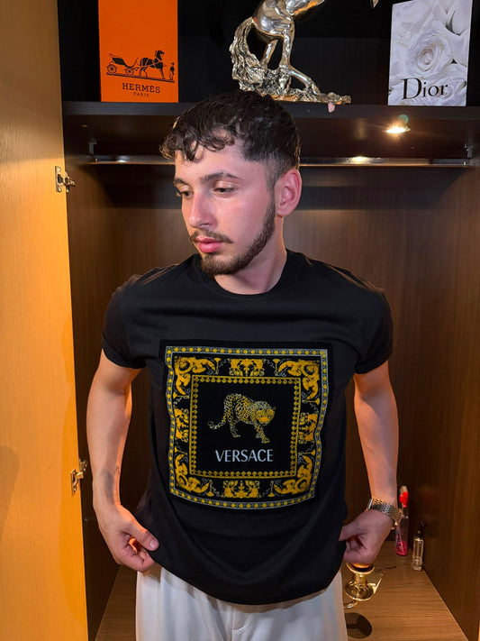 Versace Barocco Leopar Baskılı Siyah Erkek Tişört