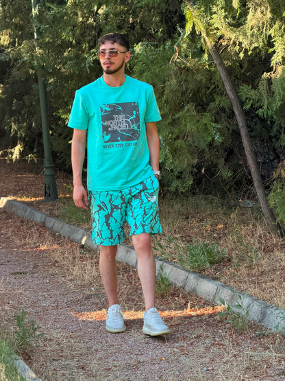 HILLS Oversize Baskılı Tişört & Şort Takım – Turkuaz