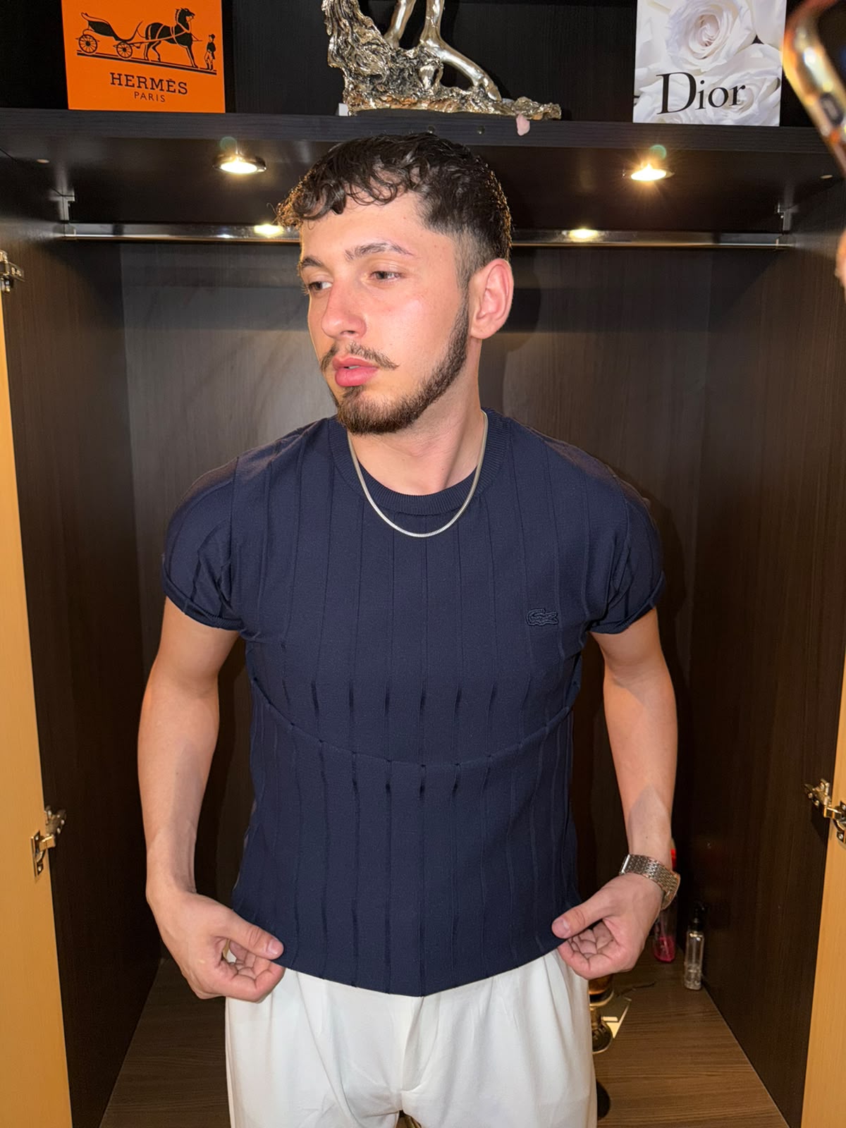 Lacoste Slim Fit Dikey Desenli  Erkek Triko Tişört