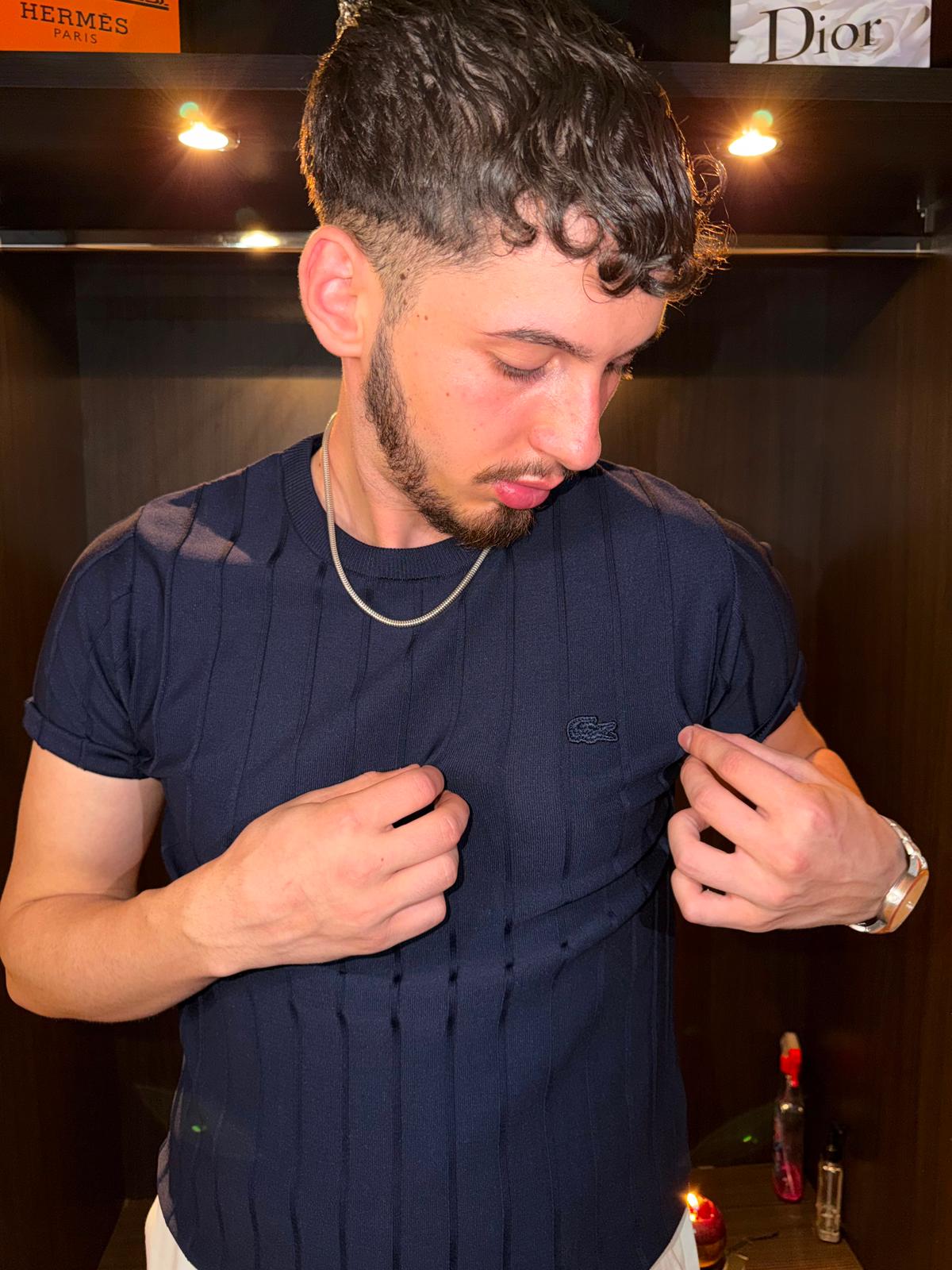 Lacoste Slim Fit Dikey Desenli  Erkek Triko Tişört