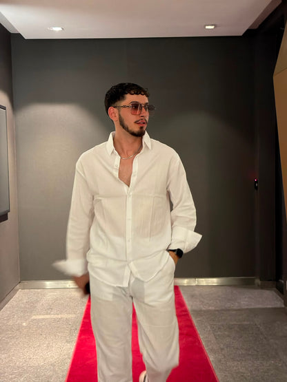 Premium Beyaz Keten Takım | Oversize Gömlek & Rahat Kesim Pantolon