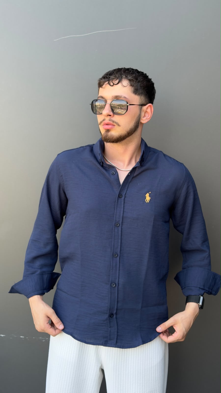 Polo Nakış Logolu Keten Dokulu Erkek Gömlek