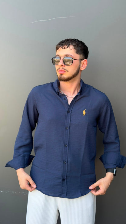 Polo Nakış Logolu Keten Dokulu Erkek Gömlek
