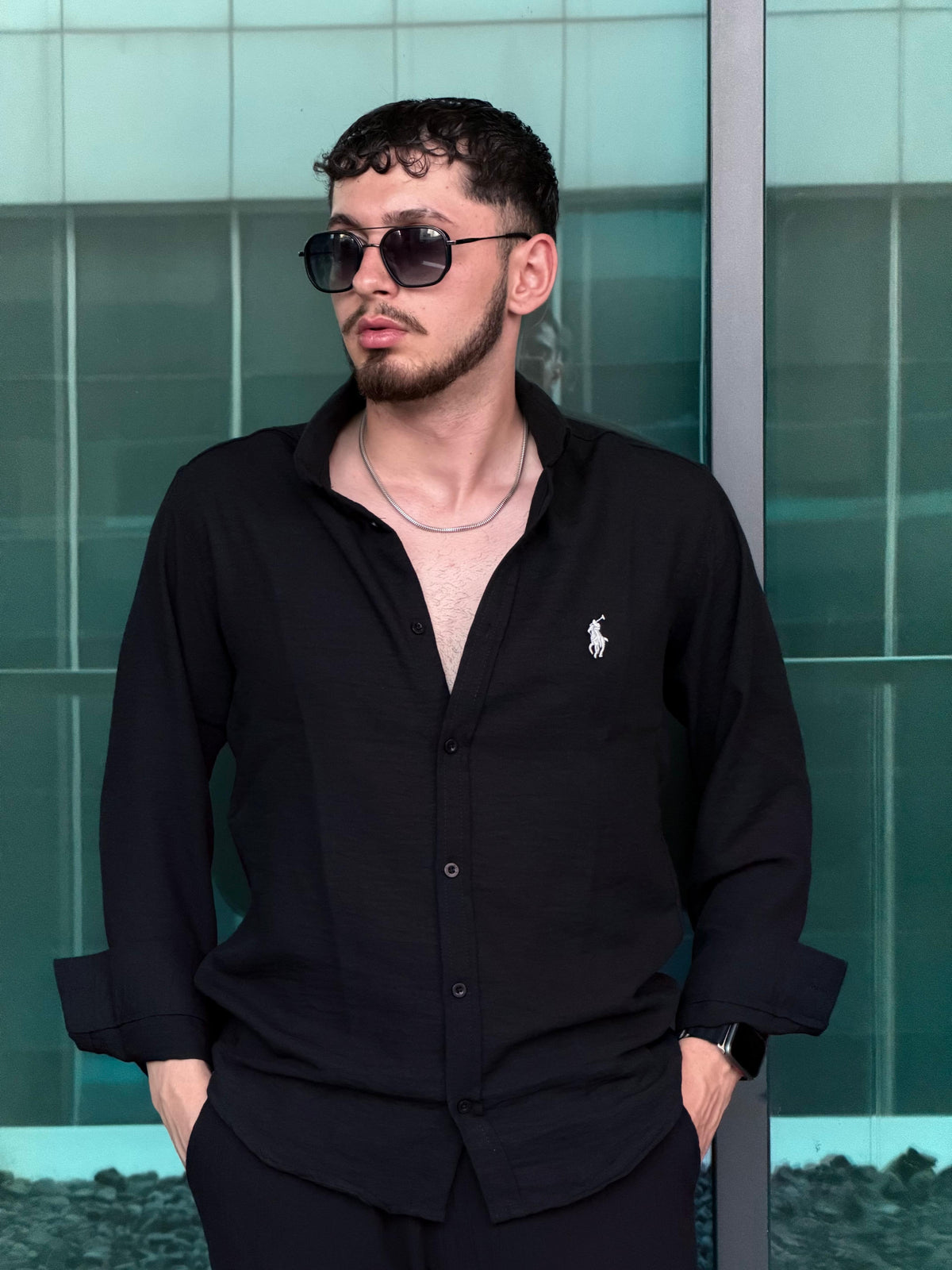 Polo Nakış Logolu Keten Dokulu Erkek Gömlek