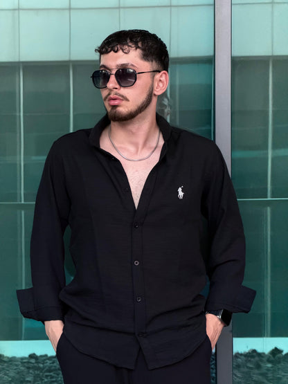 Polo Nakış Logolu Keten Dokulu Erkek Gömlek
