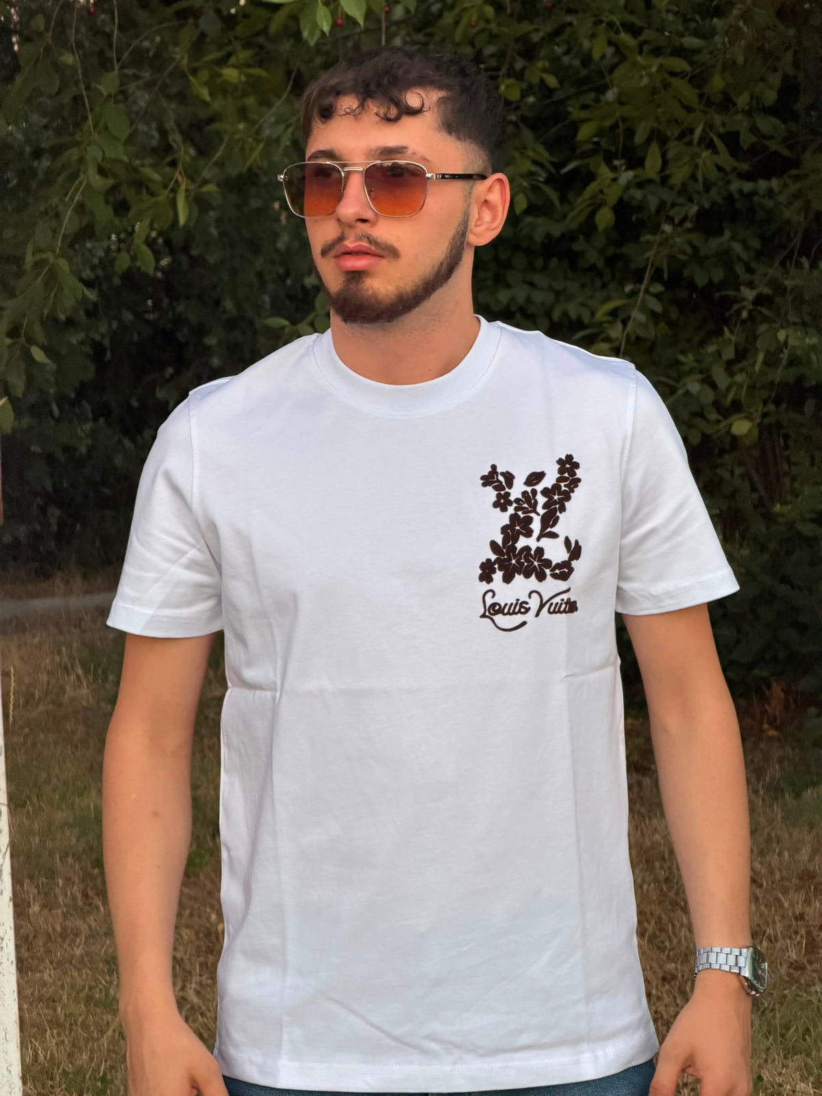 Floral Monogram Baskılı Beyaz Tişört