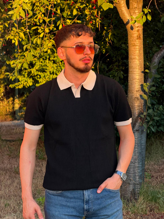 Siyah Kontrast Yaka Triko Polo Tişört