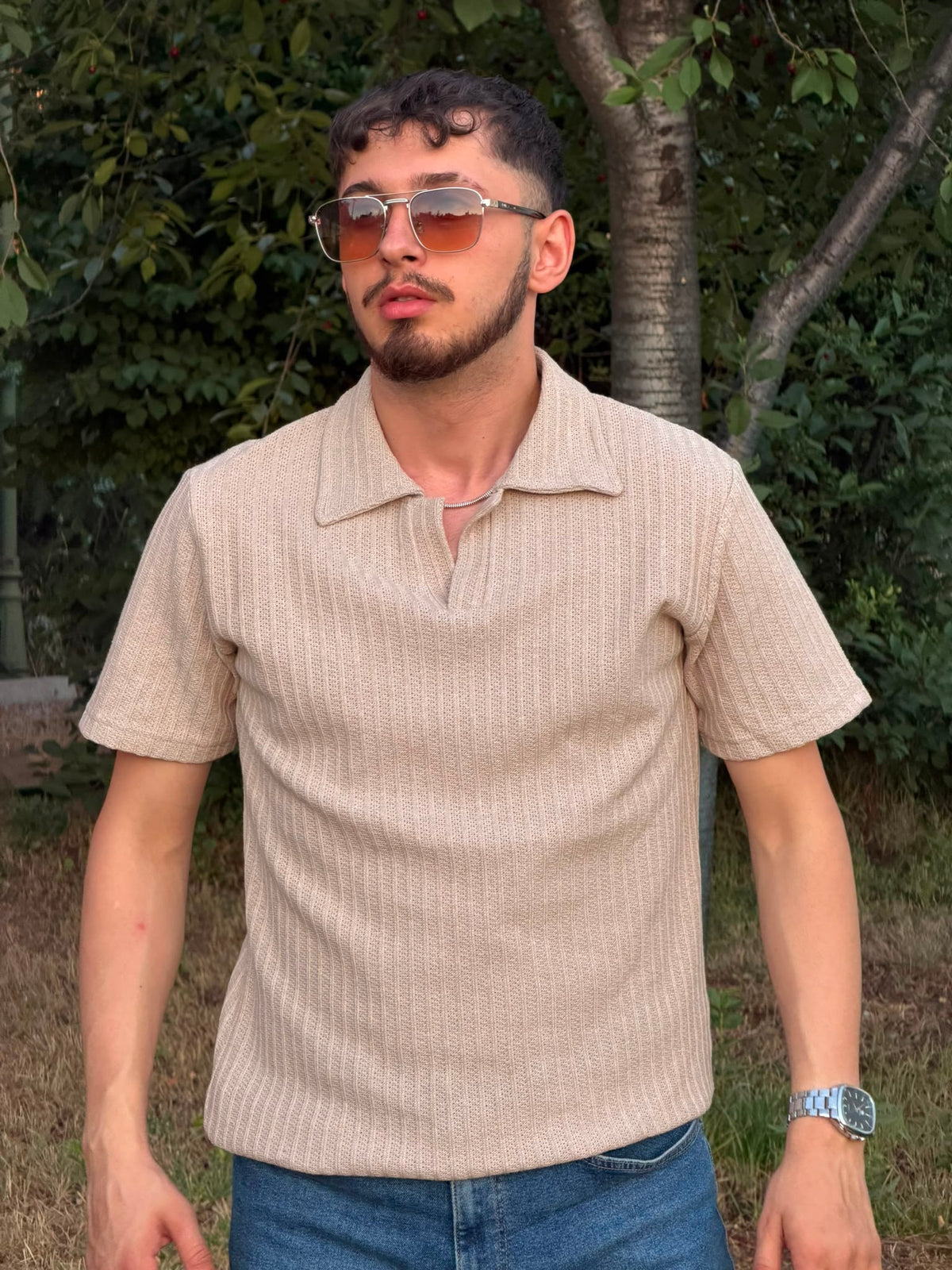 HILLS Koyu Yeşili Fitilli V Yaka Polo T-Shirt