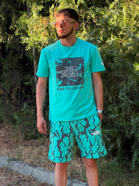 HILLS Oversize Baskılı Tişört & Şort Takım – Turkuaz