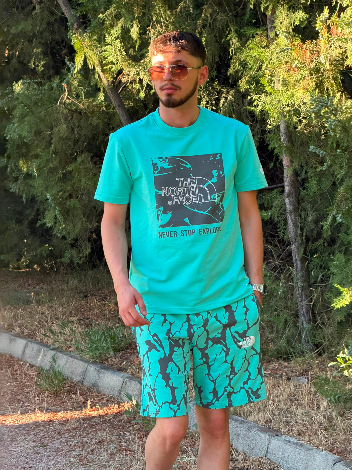 HILLS Oversize Baskılı Tişört & Şort Takım – Turkuaz