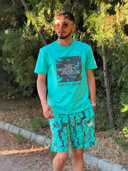 HILLS Oversize Baskılı Tişört & Şort Takım – Turkuaz