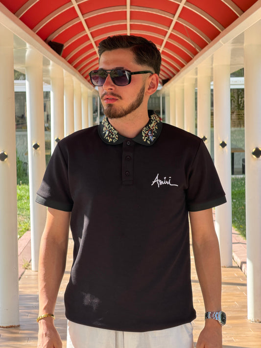 HILLS Siyah İşlemeli Yaka Detaylı Polo Tişört