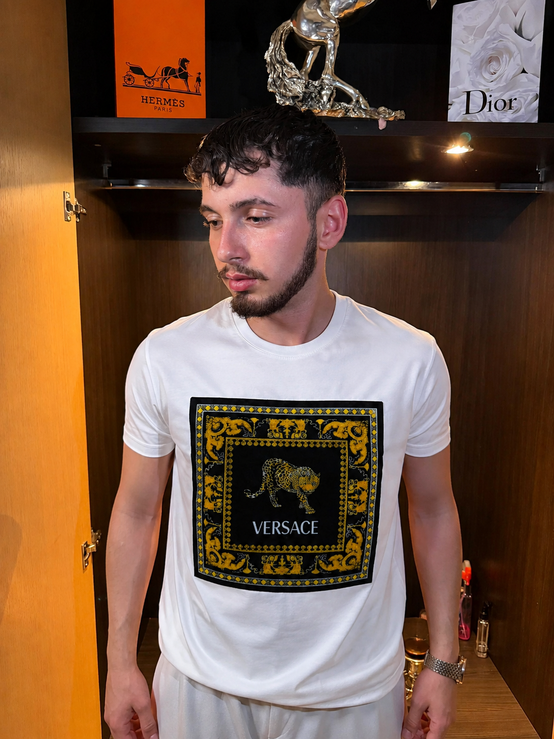 Versace Barocco Leopar Baskılı Siyah Erkek Tişört